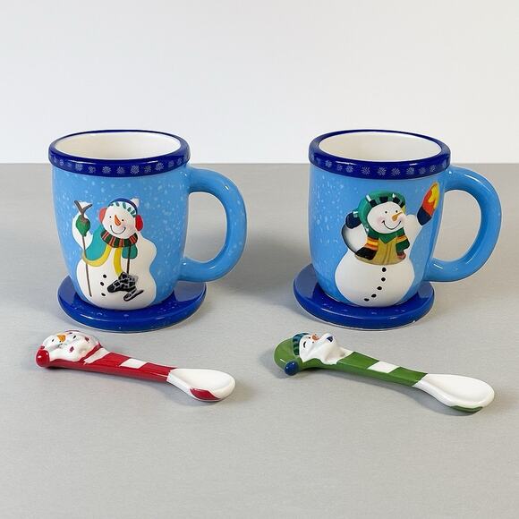 Snowman Coffee Cocoa Cup Mug Set Of 2 Each Cup Spoon Coaster Ceramic 2012 NEW - Picture 1 of 12